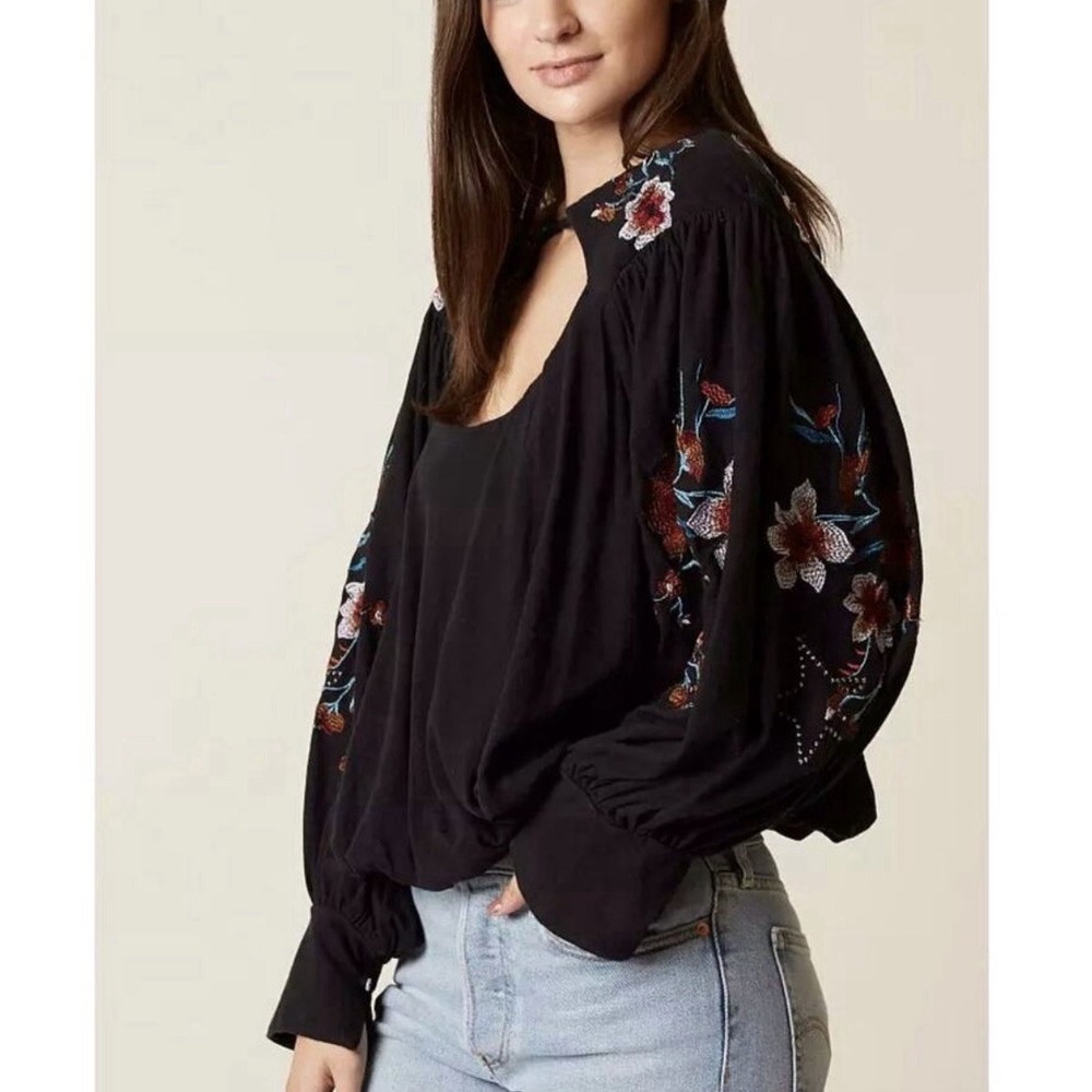 Free People Lita Embroider Top L Black Floral Boho Balloon Sleeve Cutout Blouse